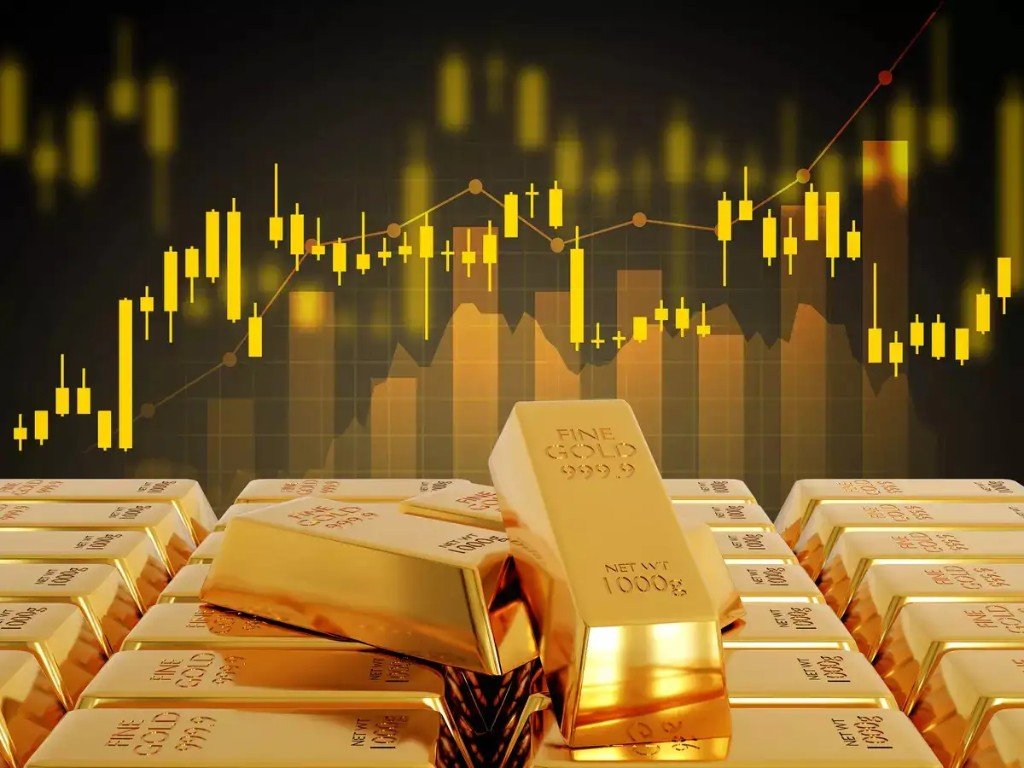 Fine gold bars in front of a rising market chart